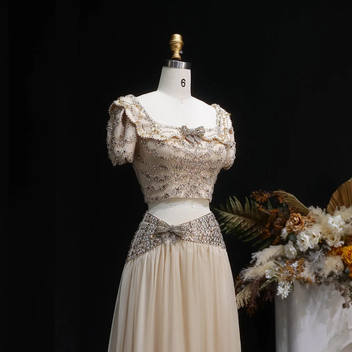 Champagne Beaded Corset Two-Piece Evening Dress with Puff Sleeves SS544 