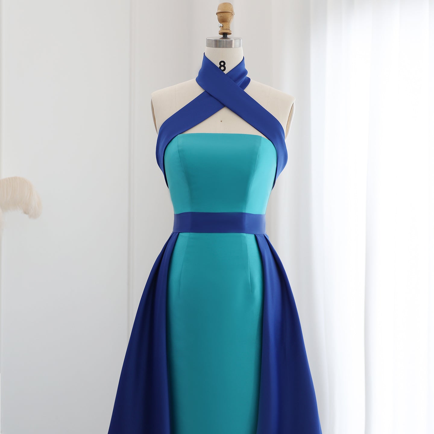 Royal Blue Criss Cross Halter Evening Dress with Overskirt Royal Blue Criss Cross Halter Evening Dress with Overskirt