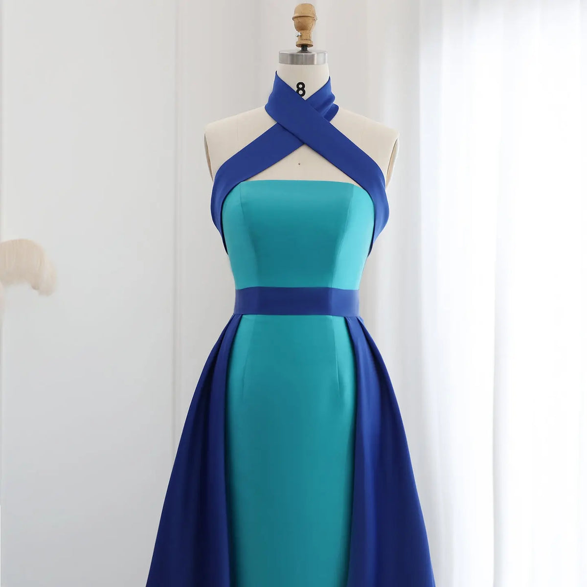 Royal Blue Criss Cross Halter Evening Dress with Overskirt SF012 - SHARONSAID Royal Blue Criss Cross Halter Evening Dress with Overskirt SF012 - SHARONSAID