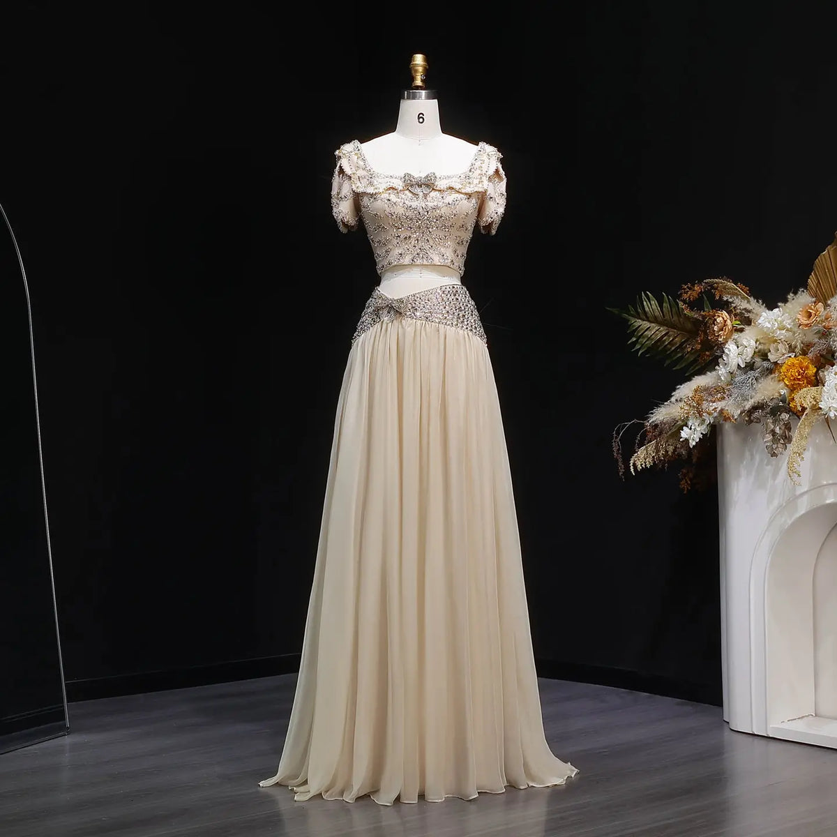 Champagne Beaded Corset Two-Piece Evening Dress with Puff Sleeves SS544 