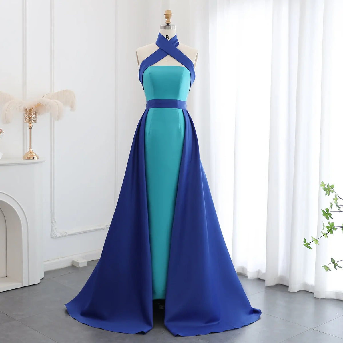Royal Blue Criss Cross Halter Evening Dress with Overskirt SF012 Royal Blue Criss Cross Halter Evening Dress with Overskirt SF012