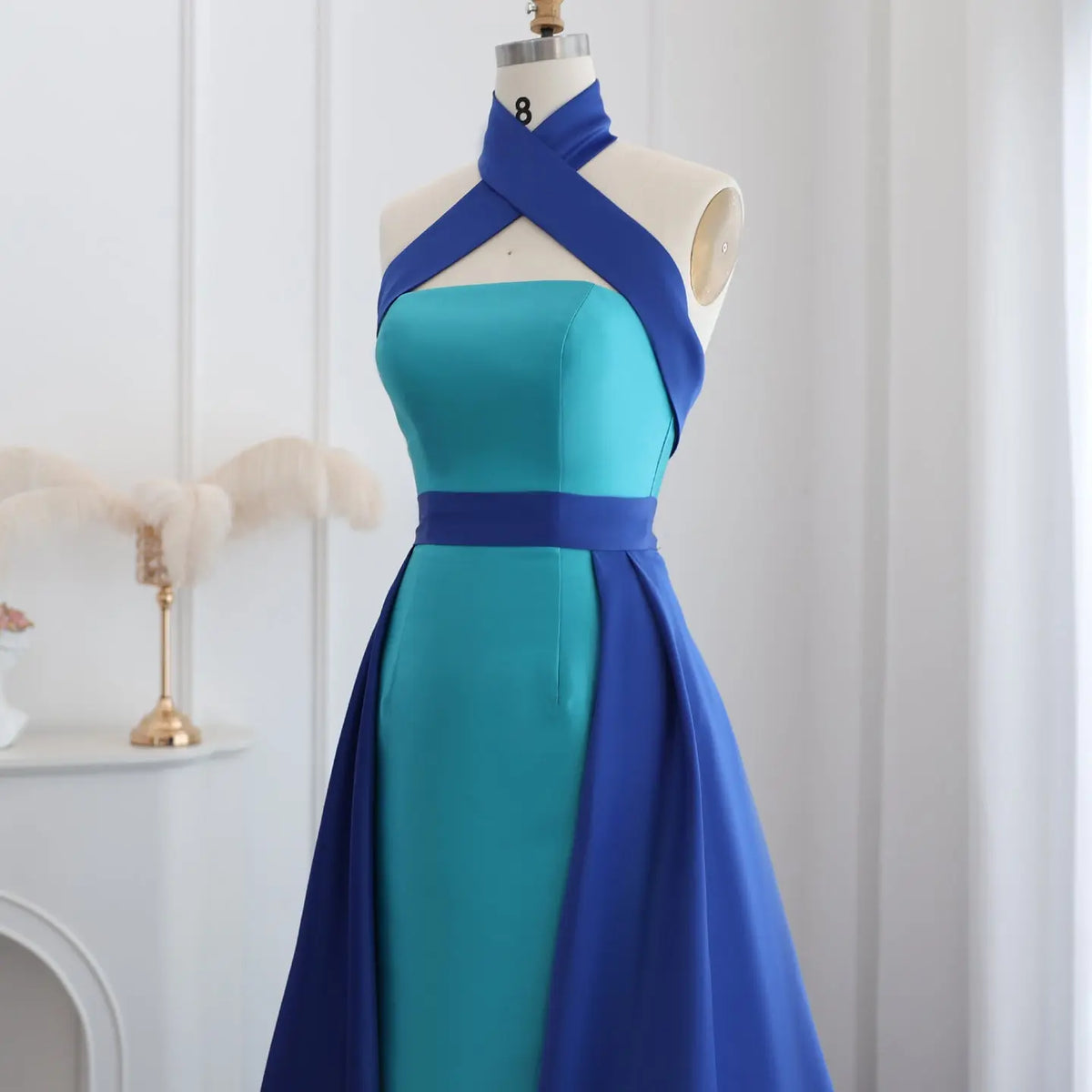 Royal Blue Criss Cross Halter Evening Dress with Overskirt SF012 Royal Blue Criss Cross Halter Evening Dress with Overskirt SF012