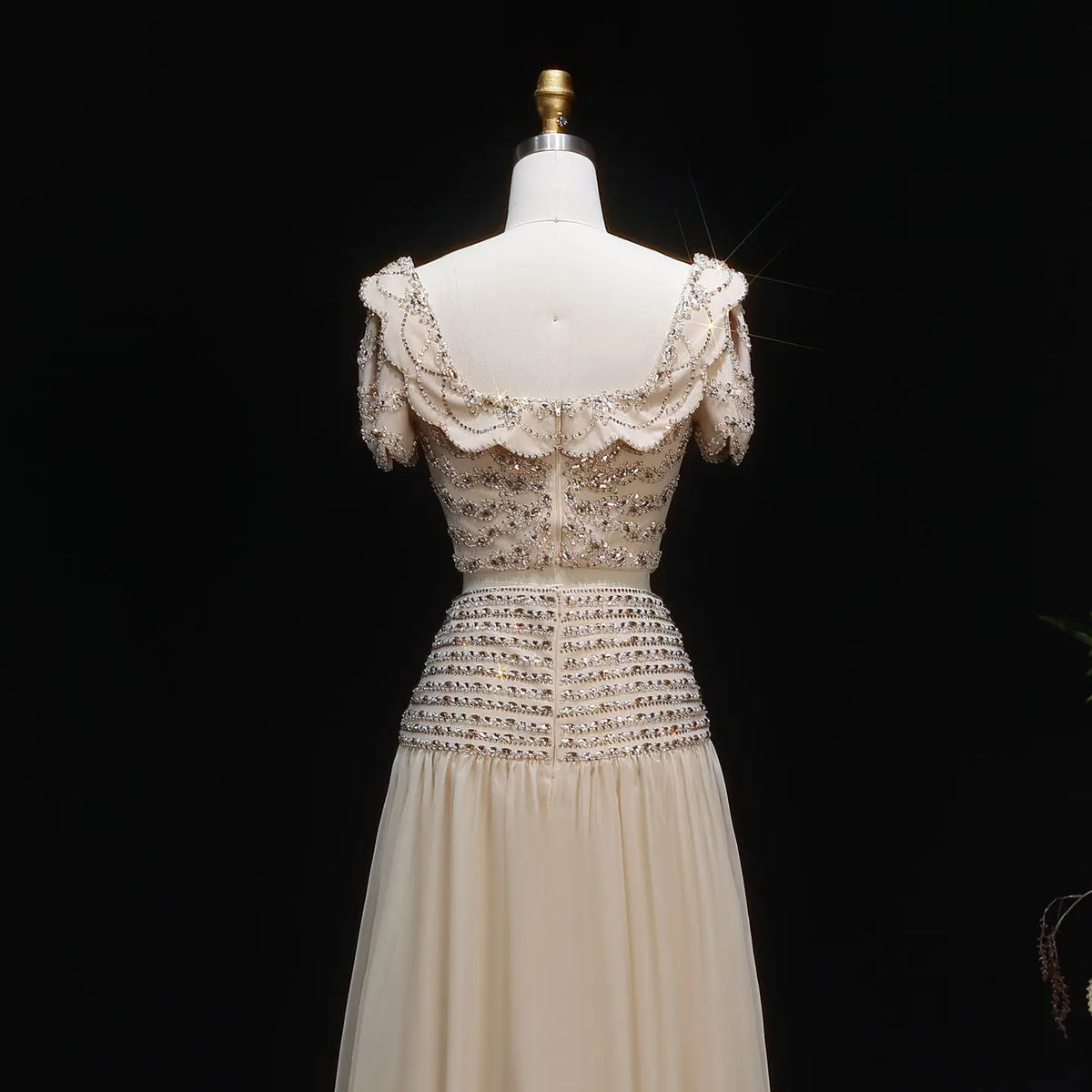 Champagne Beaded Corset Two-Piece Evening Dress with Puff Sleeves SS544 