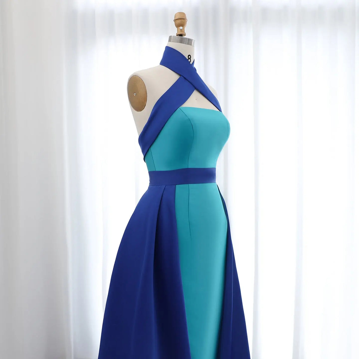 Royal Blue Criss Cross Halter Evening Dress with Overskirt SF012 - SHARONSAID Royal Blue Criss Cross Halter Evening Dress with Overskirt SF012 - SHARONSAID