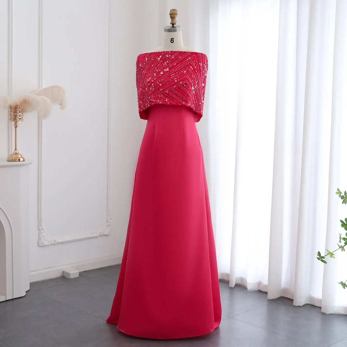 Elegant Off Shoulder Fuchsia Evening Dress with Cape SS482 