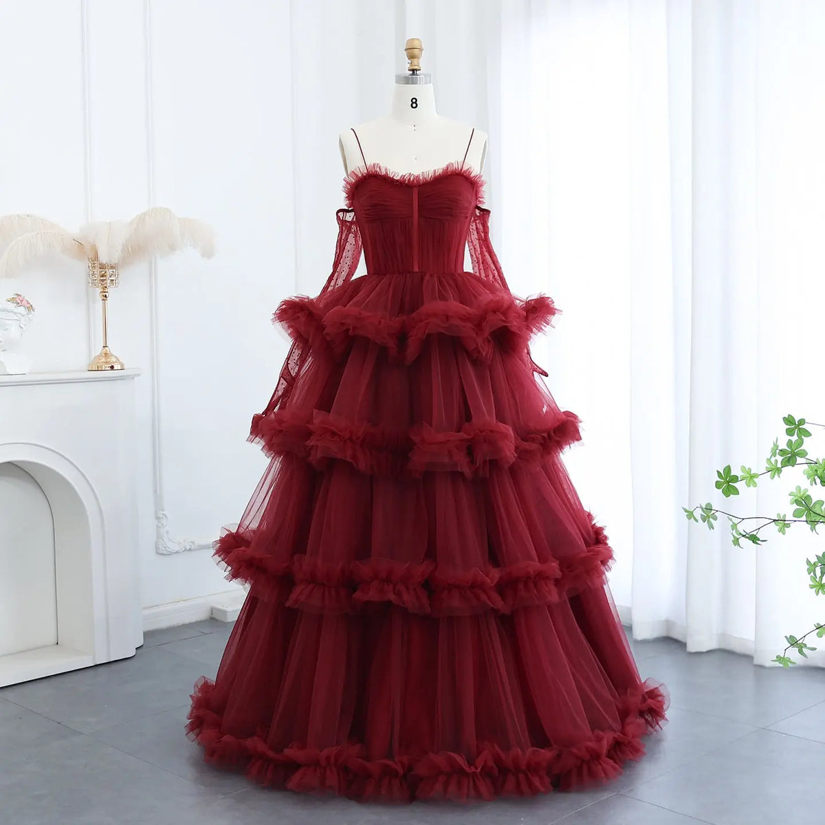 Burgundy Tulle Tiered Ruffles Evening Dresses with Gloves SF472 Burgundy Tulle Tiered Ruffles Evening Dresses with Gloves SF472