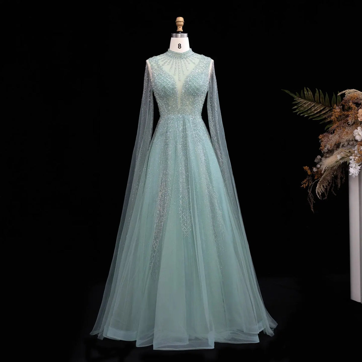 Mint Green Glitter Beaded Cape Sleeve Evening Gown SS060