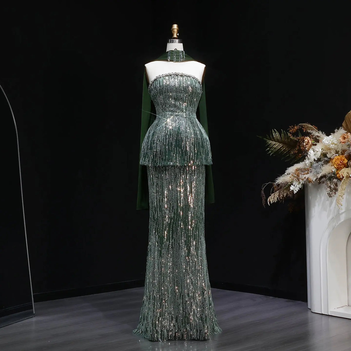 Luxury Green Beaded Sequin Strapless Evening Dress with Scarf SS781 