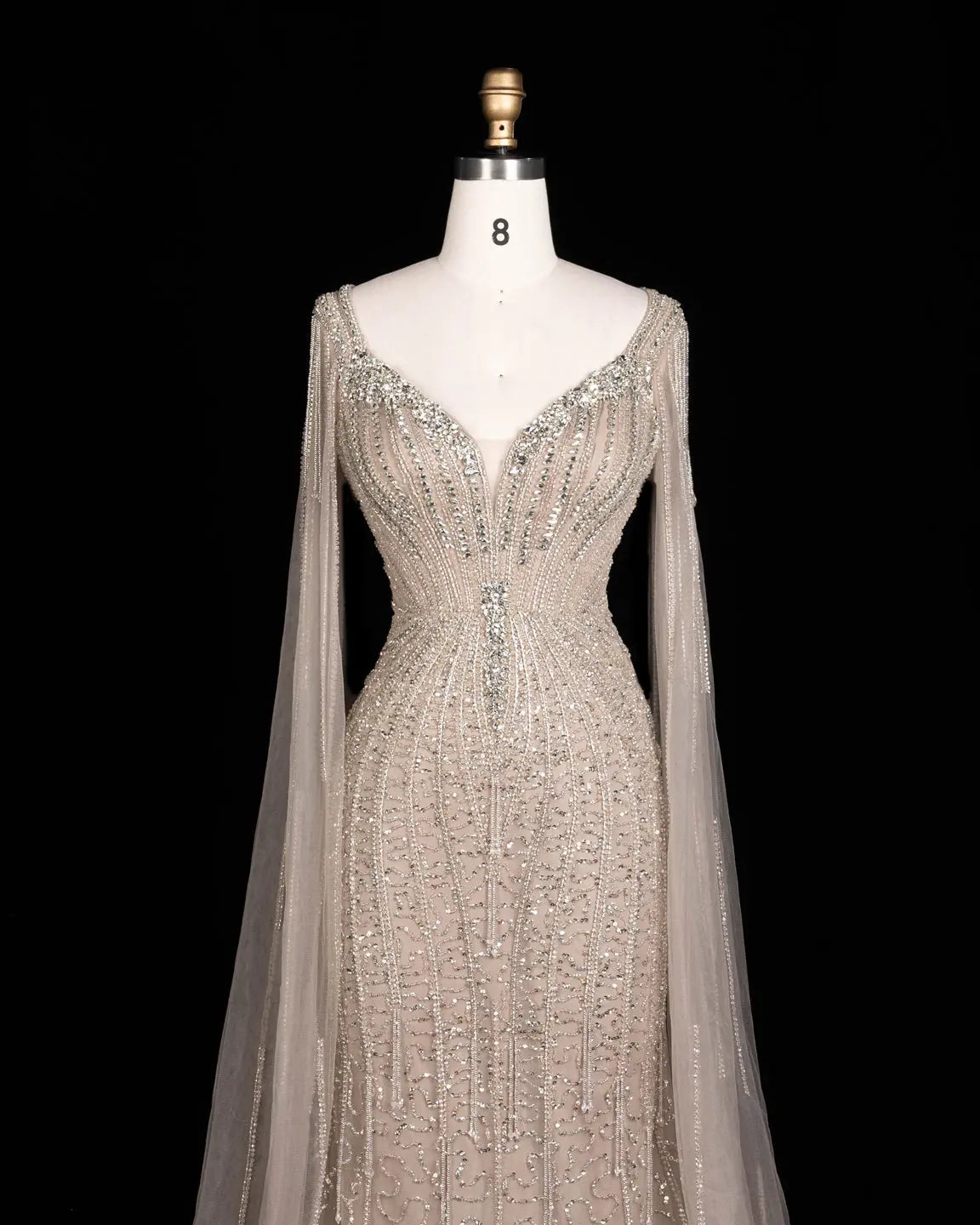 Champagne Beaded Cape Mermaid Evening Dress-3