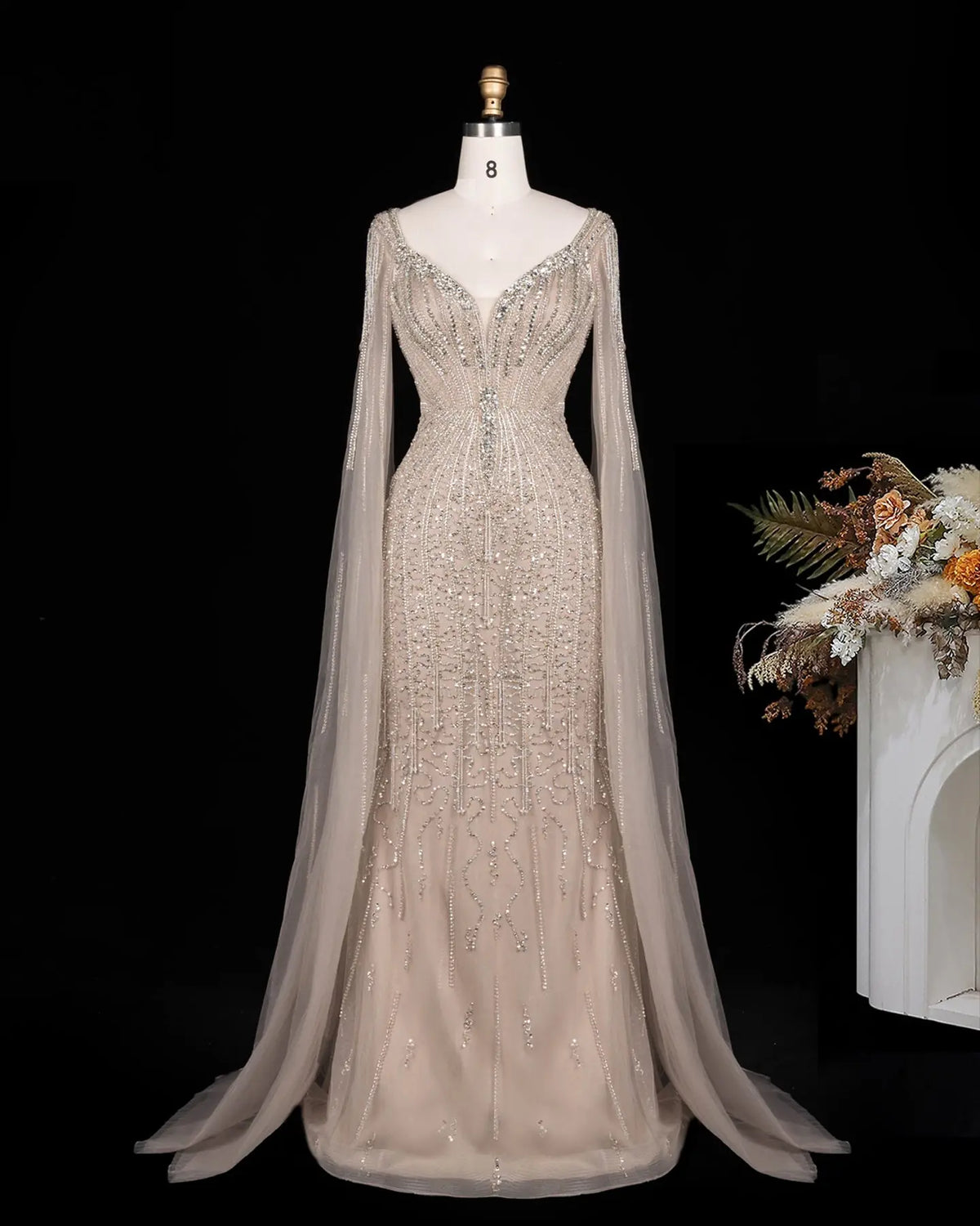 Champagne Beaded Cape Mermaid Evening Dress-2