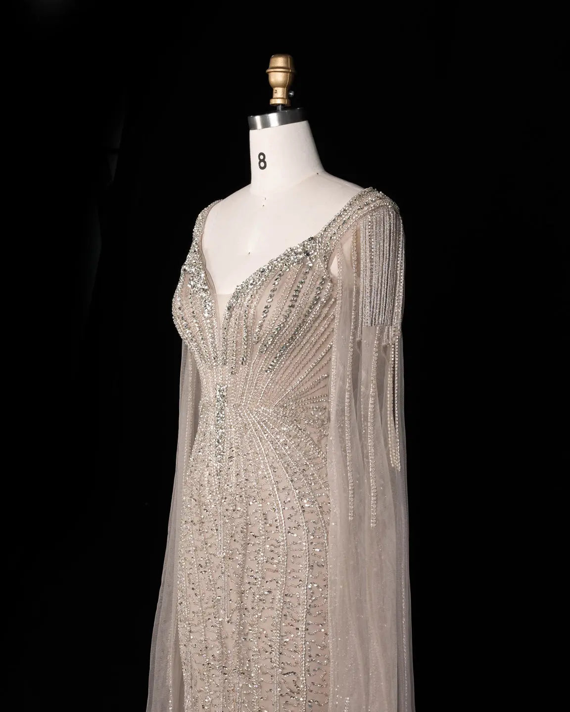 Champagne Beaded Cape Mermaid Evening Dress-4