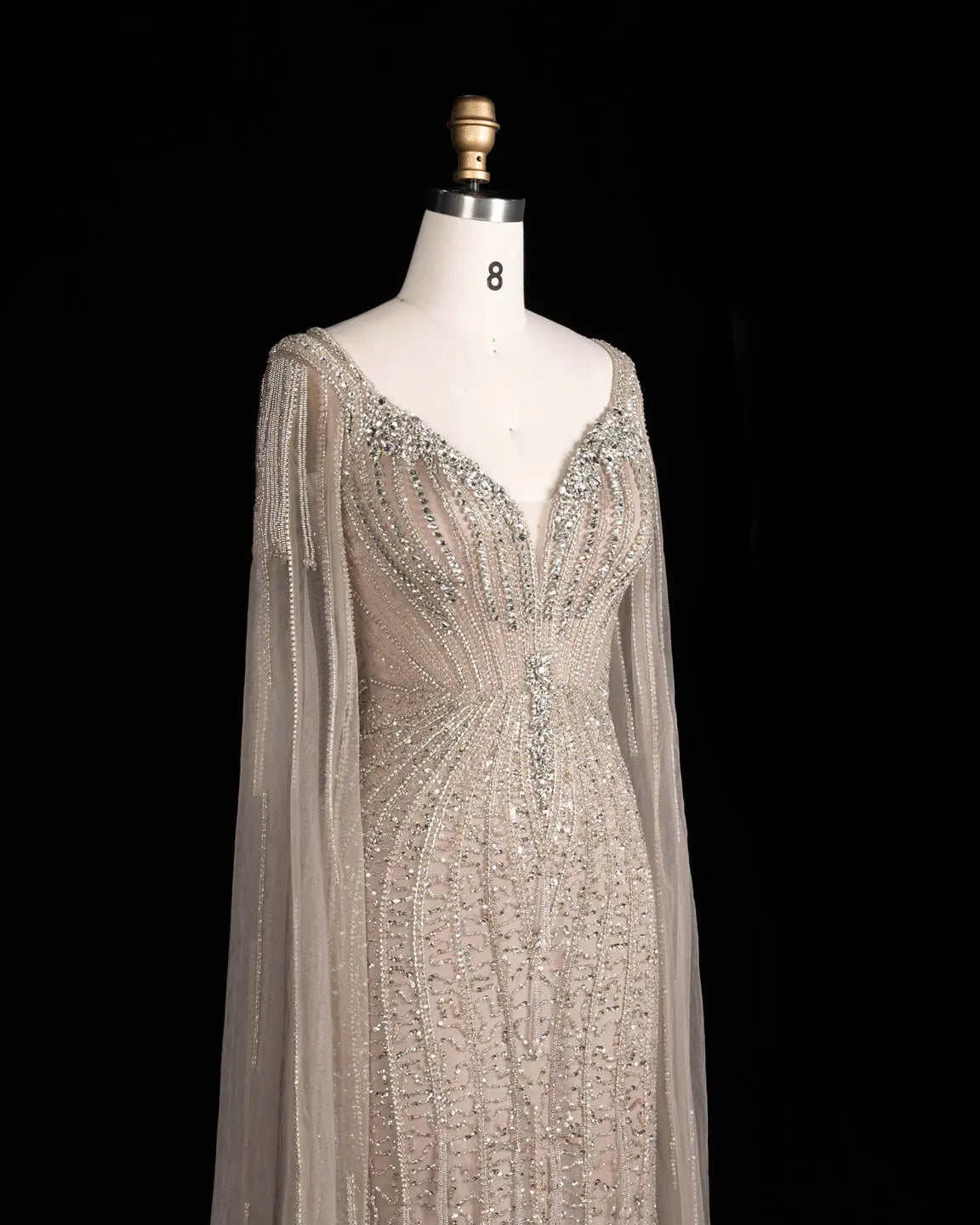 Champagne Beaded Cape Mermaid Evening Dress-5
