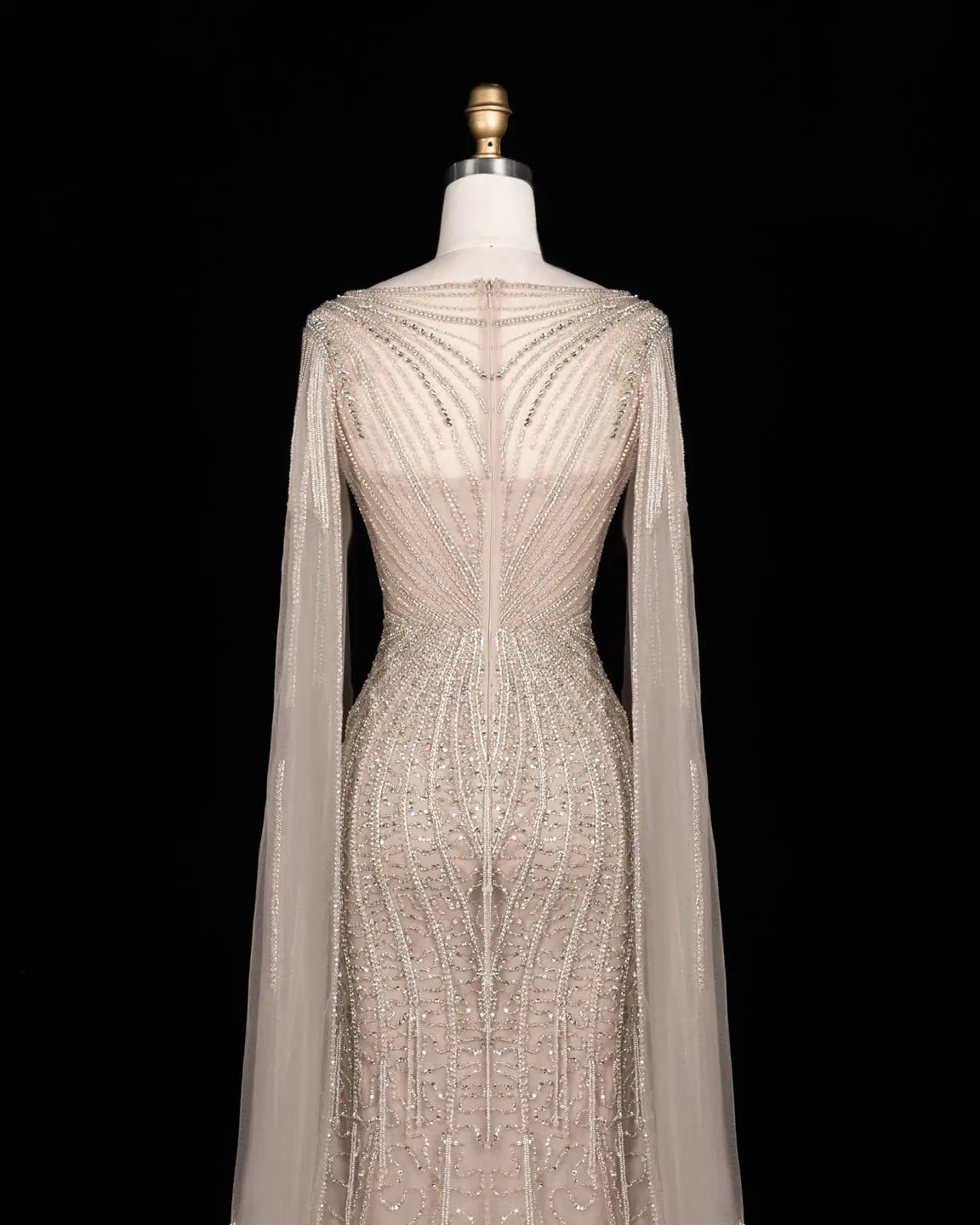 Champagne Beaded Cape Mermaid Evening Dress-6