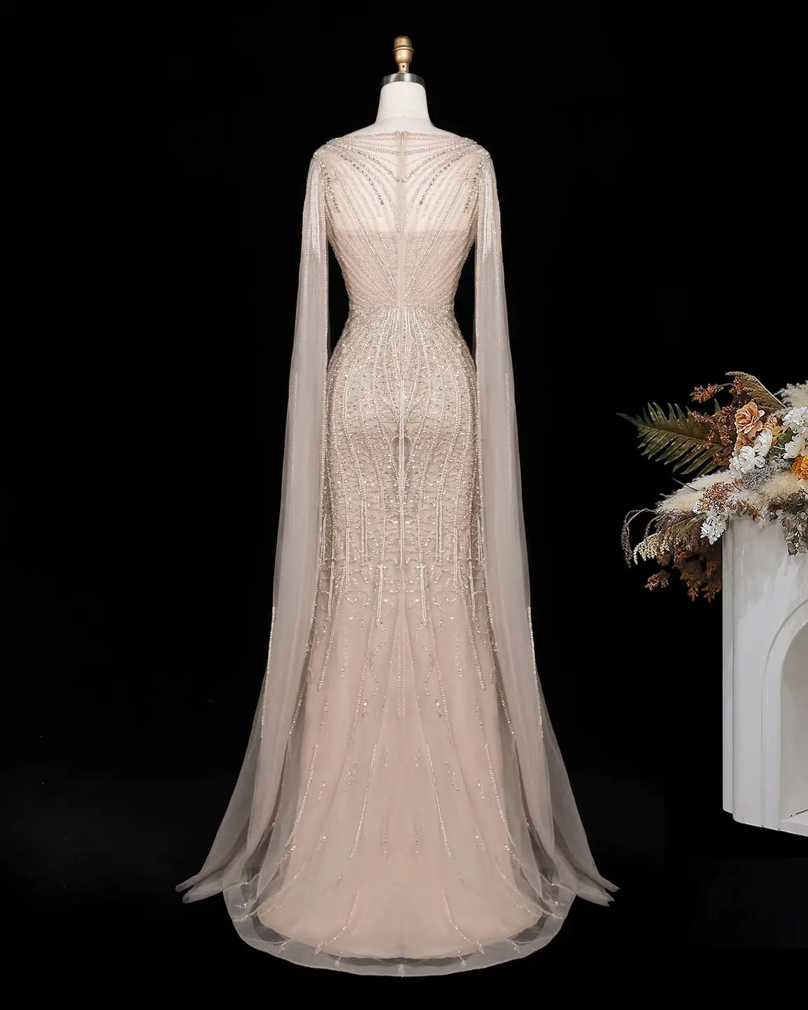 Champagne Beaded Cape Mermaid Evening Dress-7