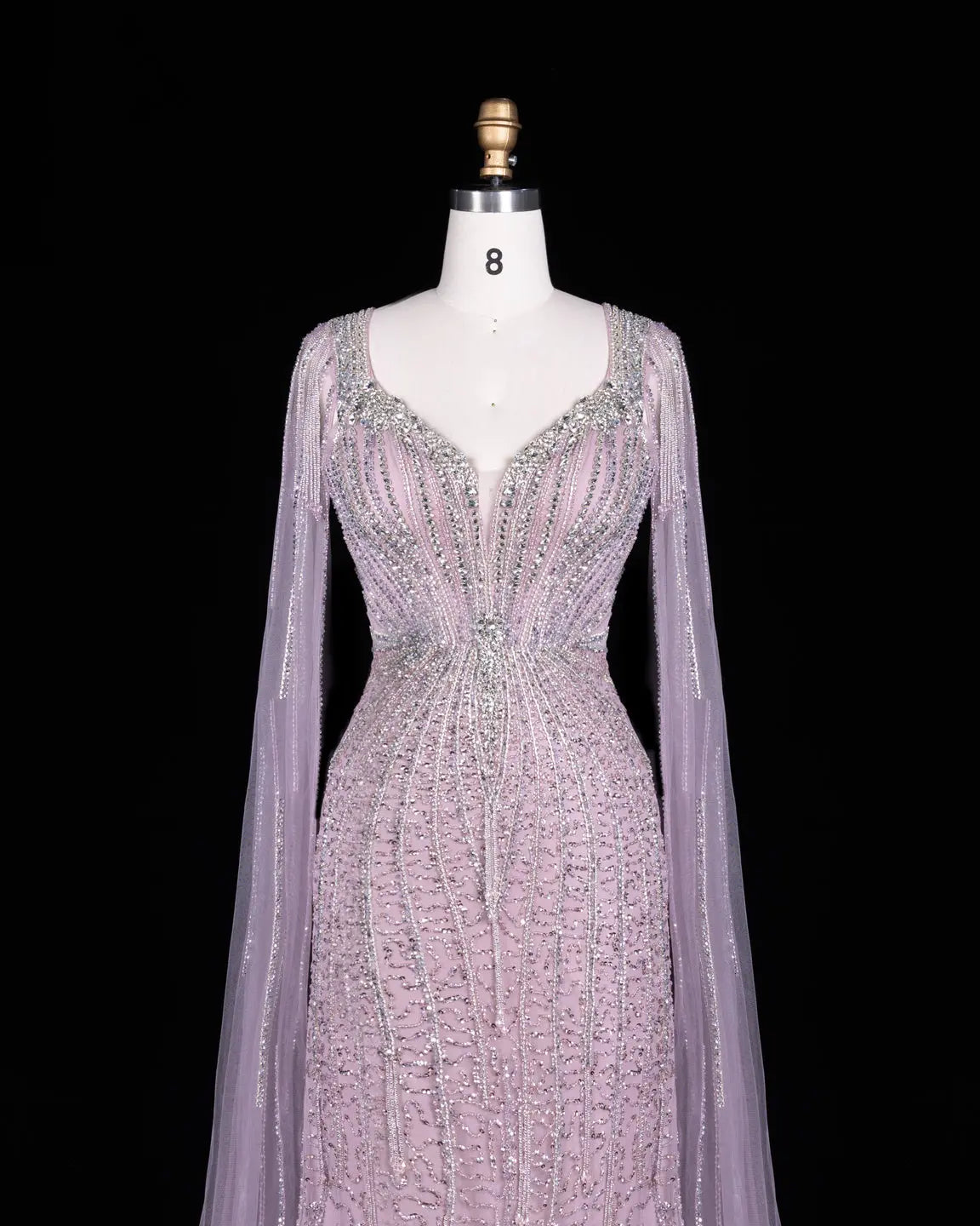 Champagne Beaded Cape Mermaid Evening Dress-10