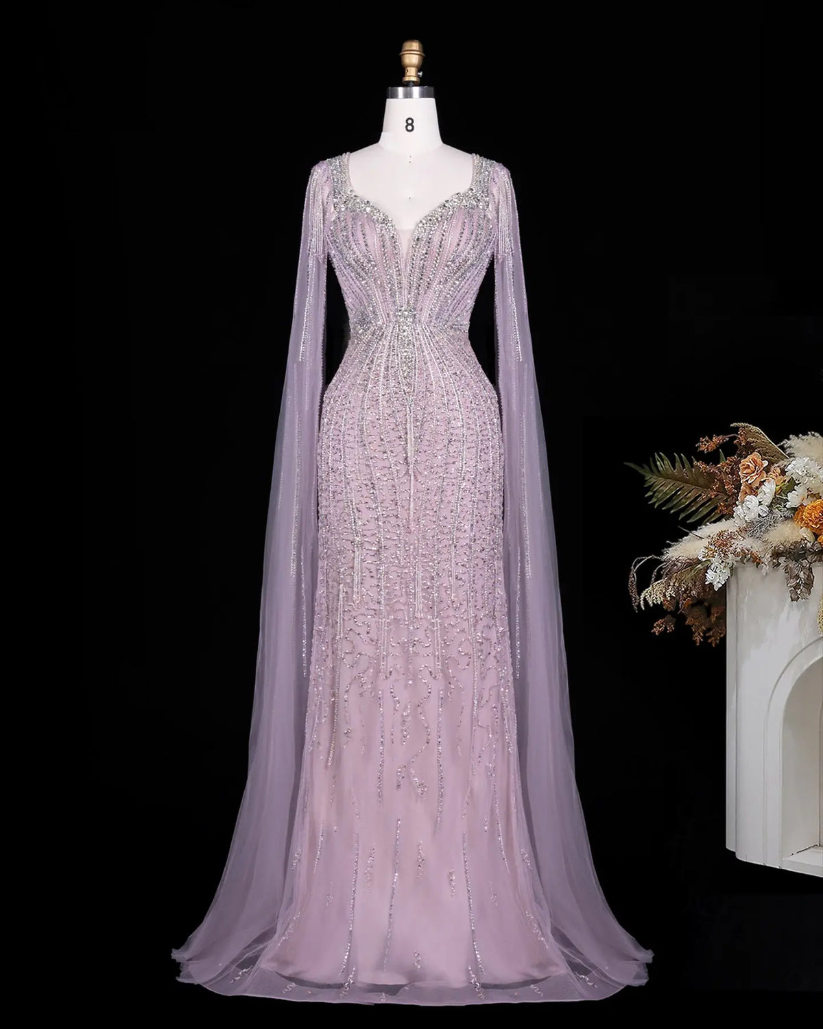 Champagne Beaded Cape Mermaid Evening Dress-8