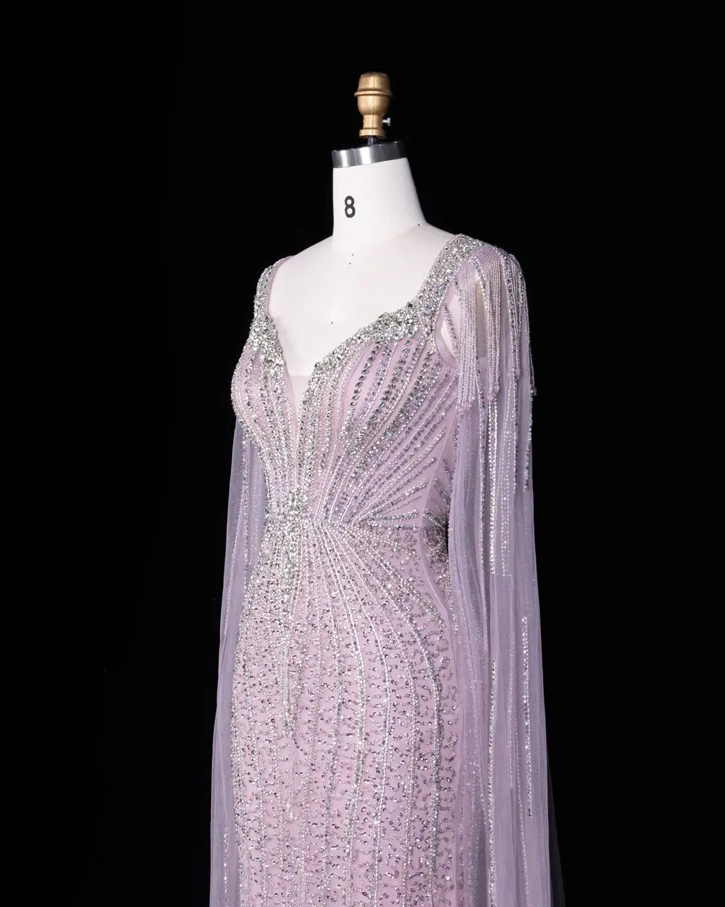 Champagne Beaded Cape Mermaid Evening Dress-9