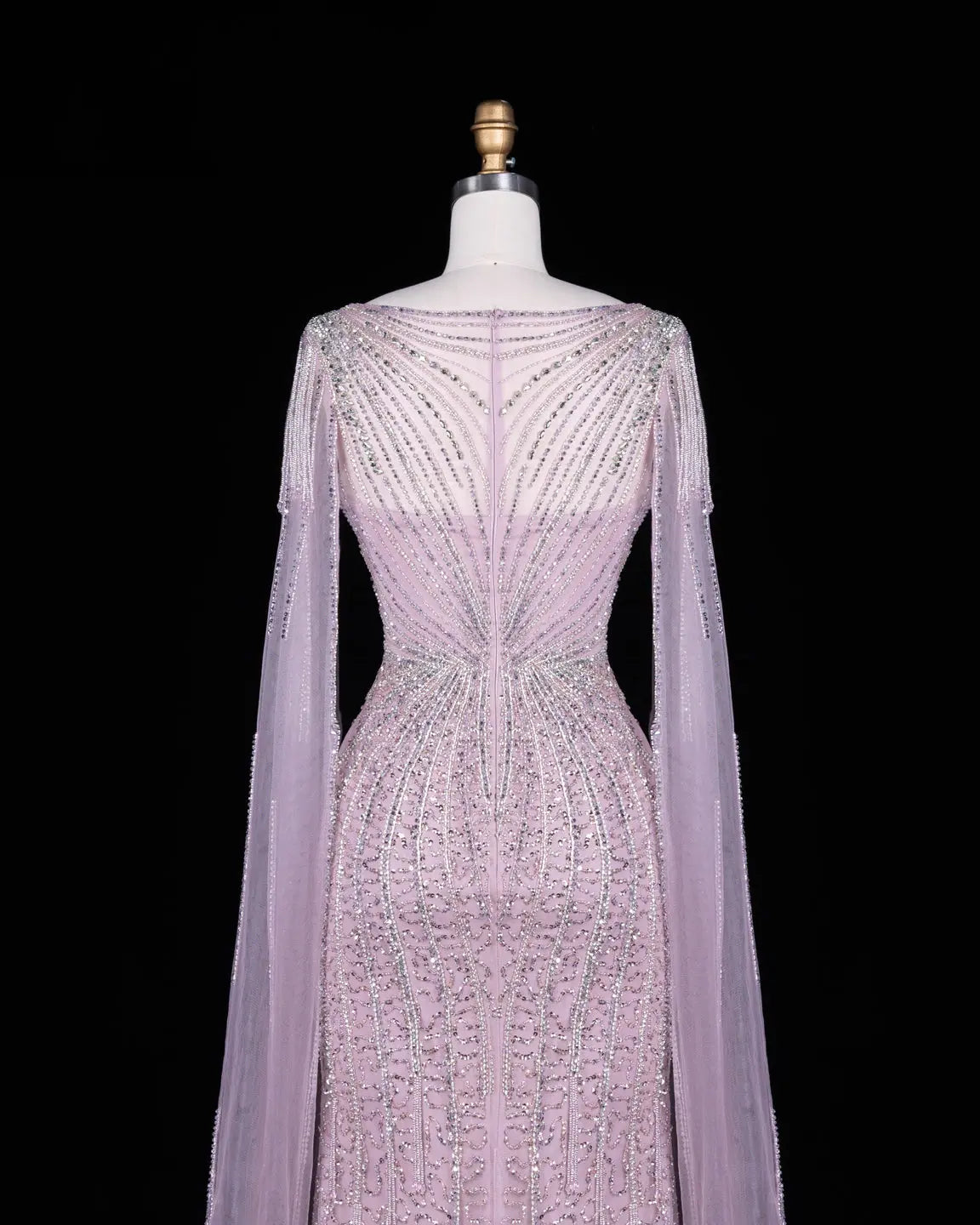 Champagne Beaded Cape Mermaid Evening Dress-12