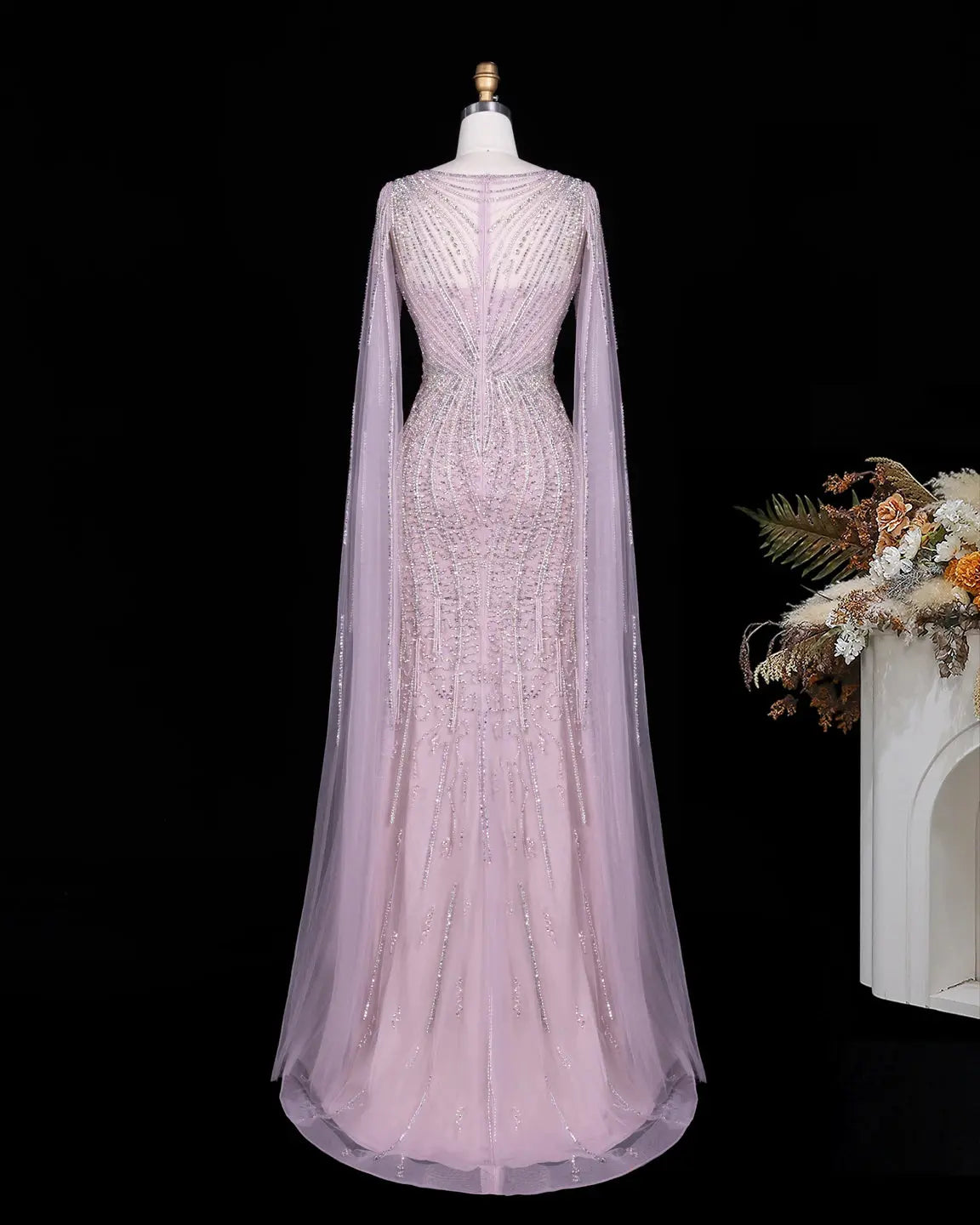 Champagne Beaded Cape Mermaid Evening Dress-13