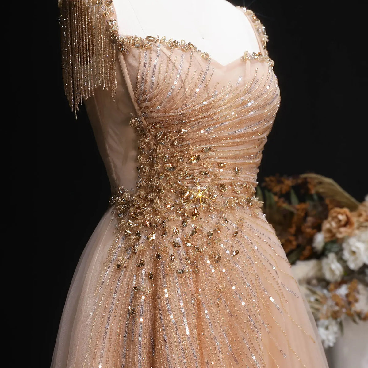 Luxury Blue Tassel Beaded Tulle A-Line Evening Dress SS058 