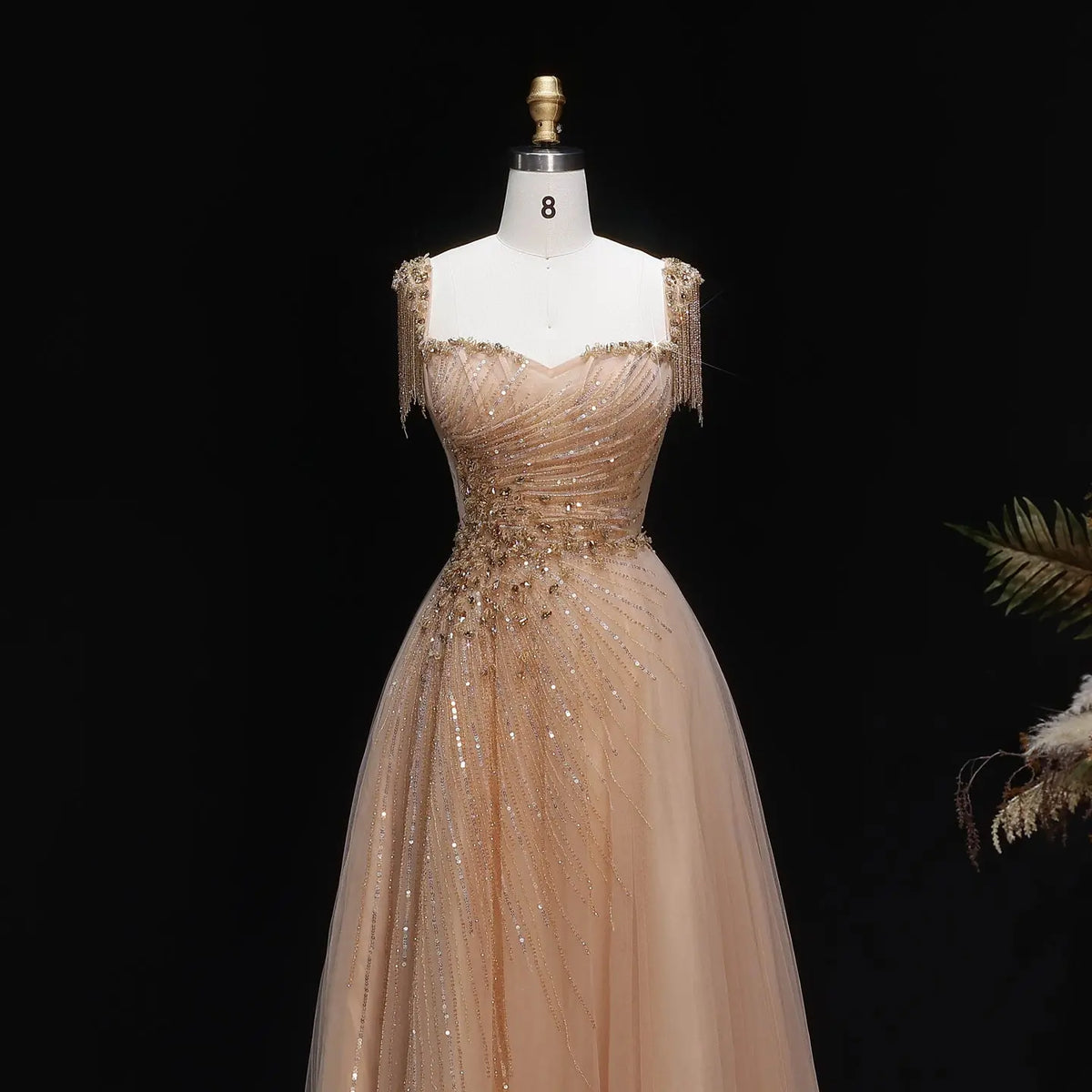 Luxury Blue Tassel Beaded Tulle A-Line Evening Dress SS058 