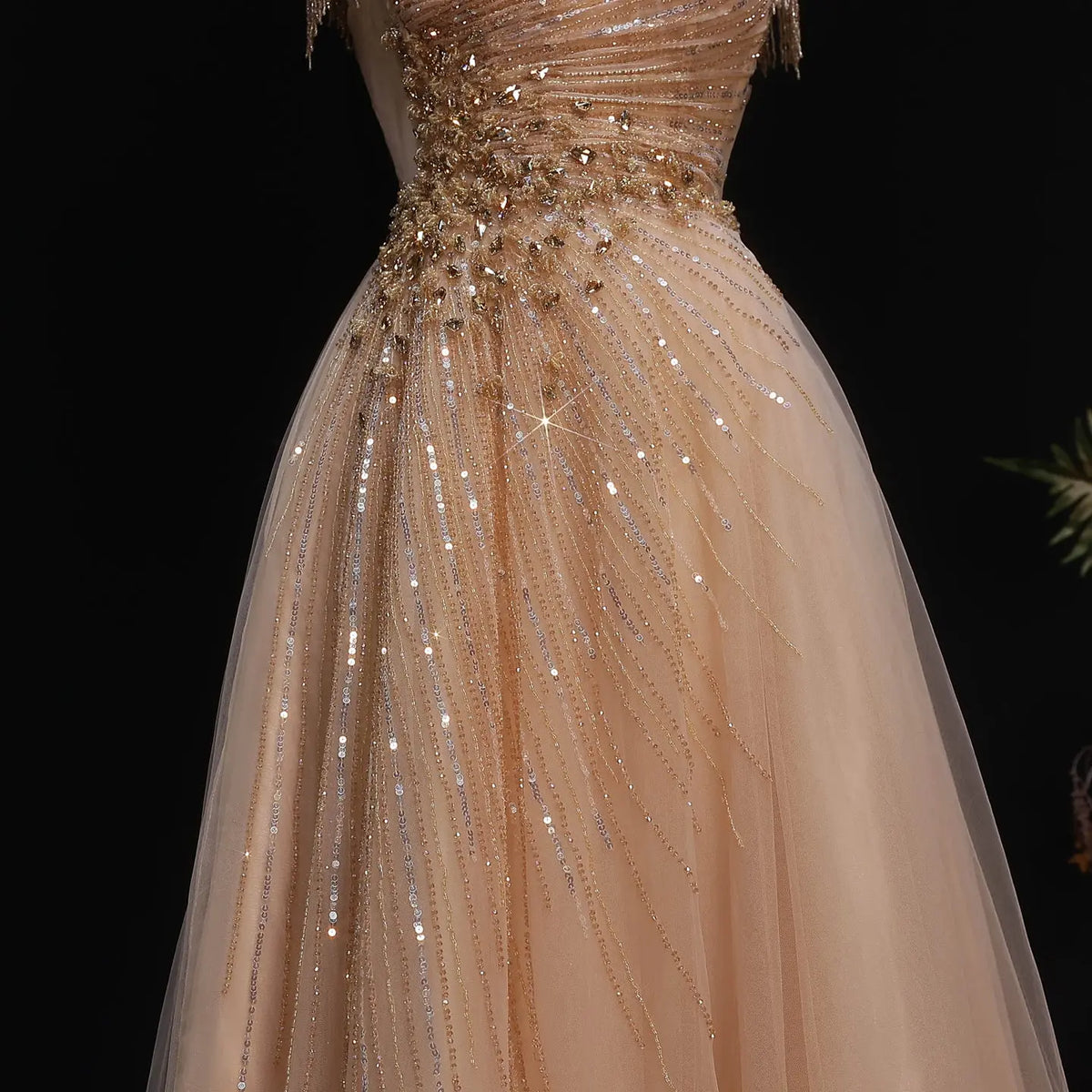 Luxury Blue Tassel Beaded Tulle A-Line Evening Dress SS058 