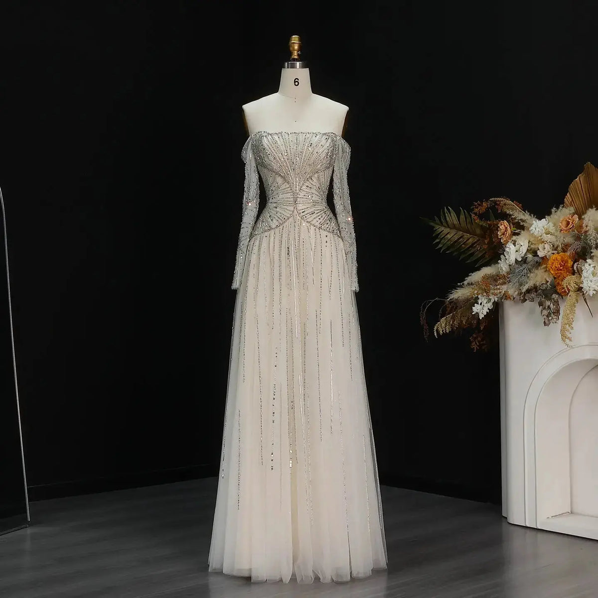Elegant Beige Off-the-Shoulder Beaded Tulle Evening Dress SS507 Elegant Beige Off-the-Shoulder Beaded Tulle Evening Dress SS507