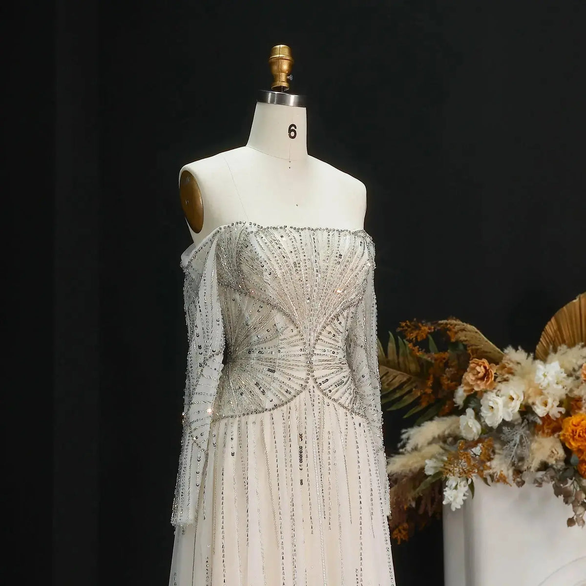Elegant Beige Off-the-Shoulder Beaded Tulle Evening Dress SS507