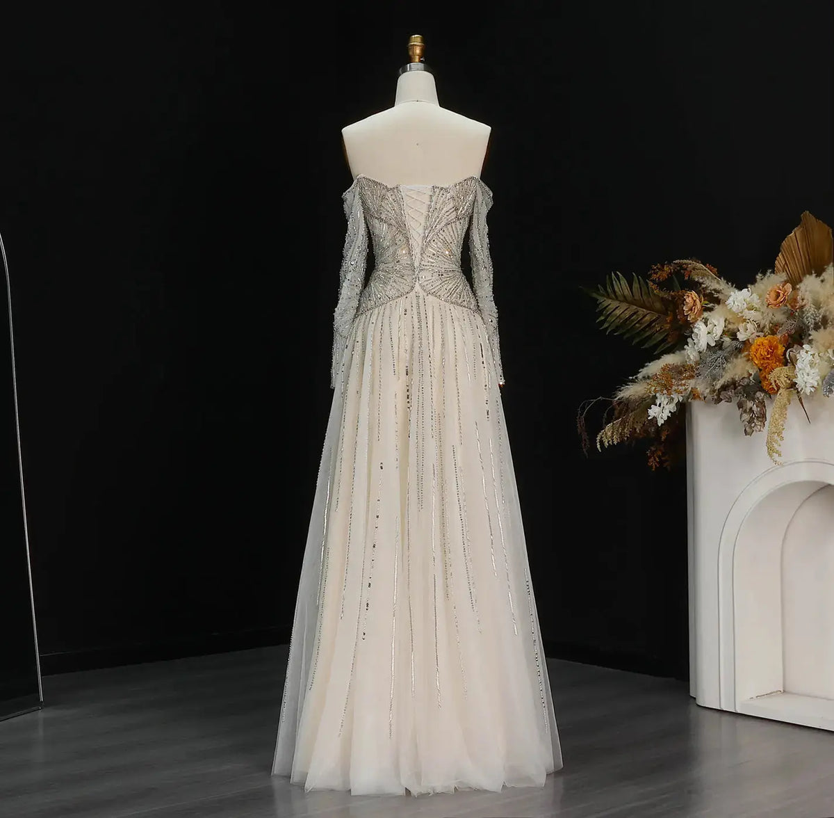 Elegant Beige Off-the-Shoulder Beaded Tulle Evening Dress SS507 