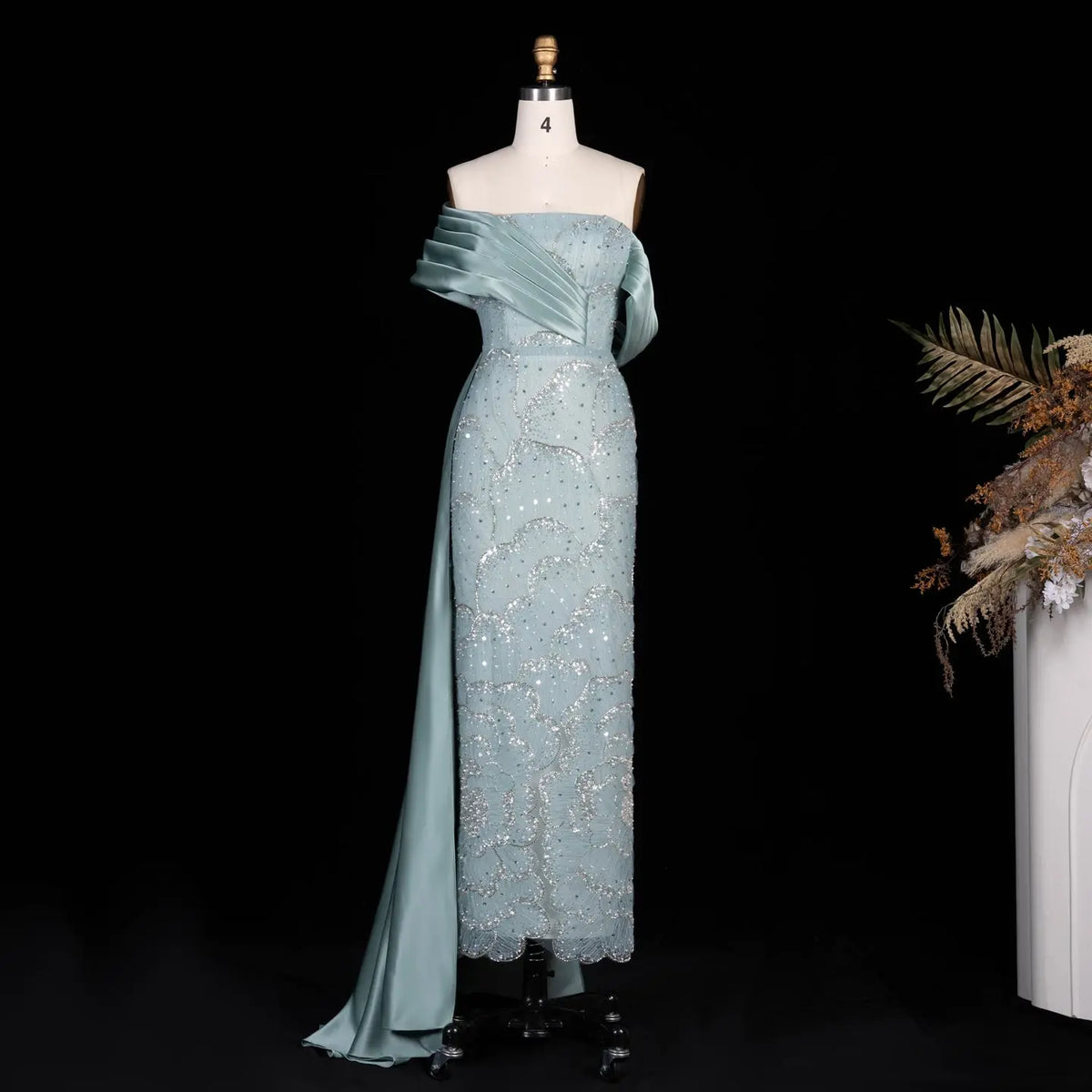 Turquoise Crystal Off Shoulder Floor Length Gown SS670