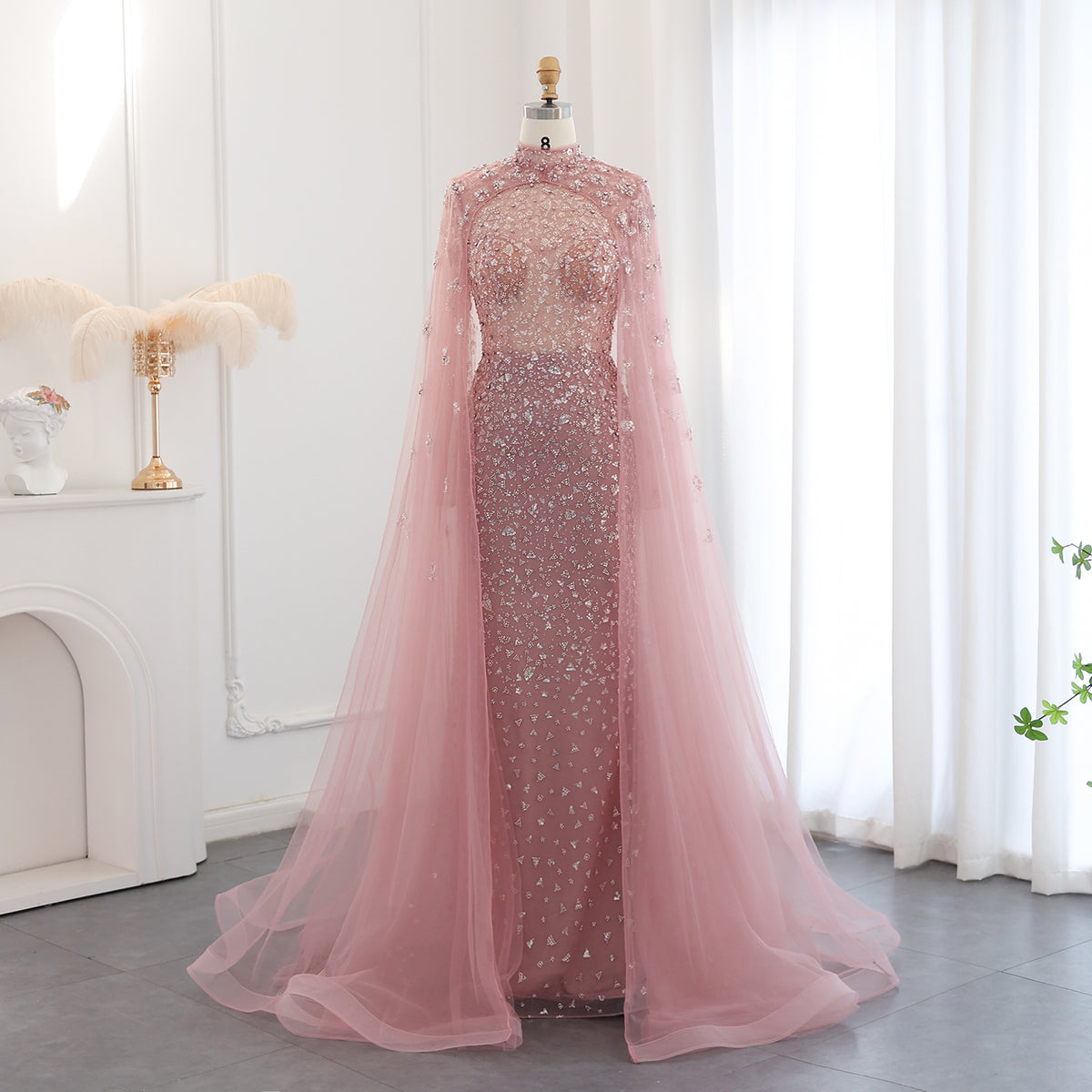 Sharon Said Luxury Dubai Pink Muslim Evening Dress with Cape Long Sleeves Mermaid Sage Green Arab Women Wedding Party Gown SS202
