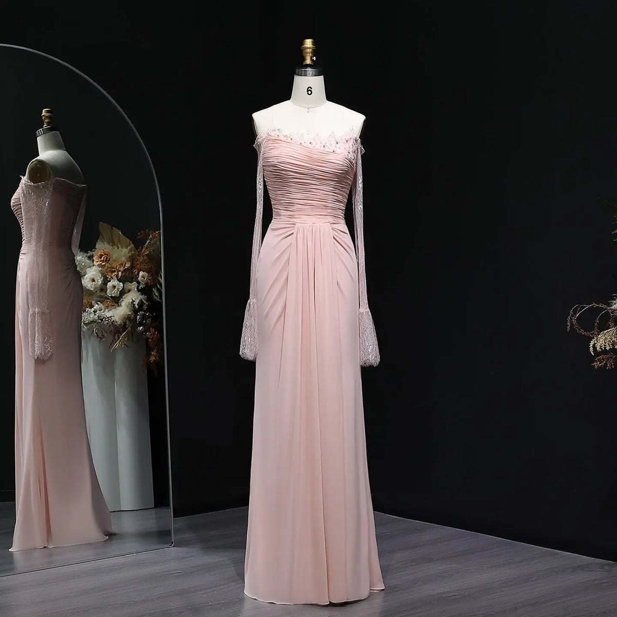 Pink Off Shoulder Lace Sleeve Evening Dress SF397