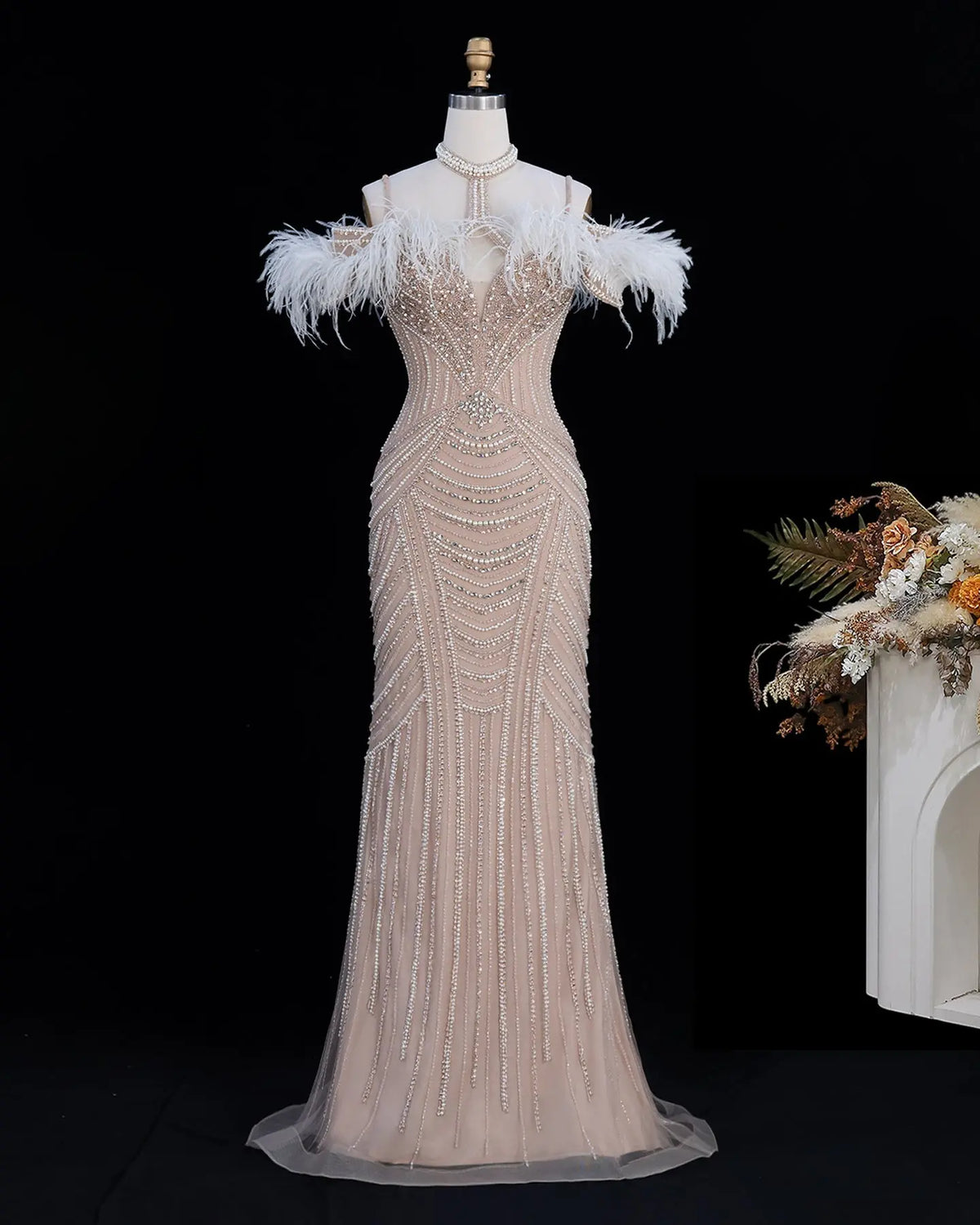Pink Beaded Feather Mermaid Evening Dress-12