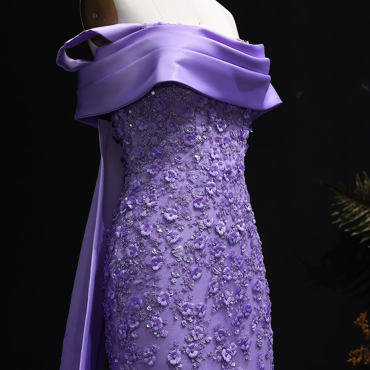 Elegant Crystal Lilac Mermaid Evening Dress with Overskirt SS555