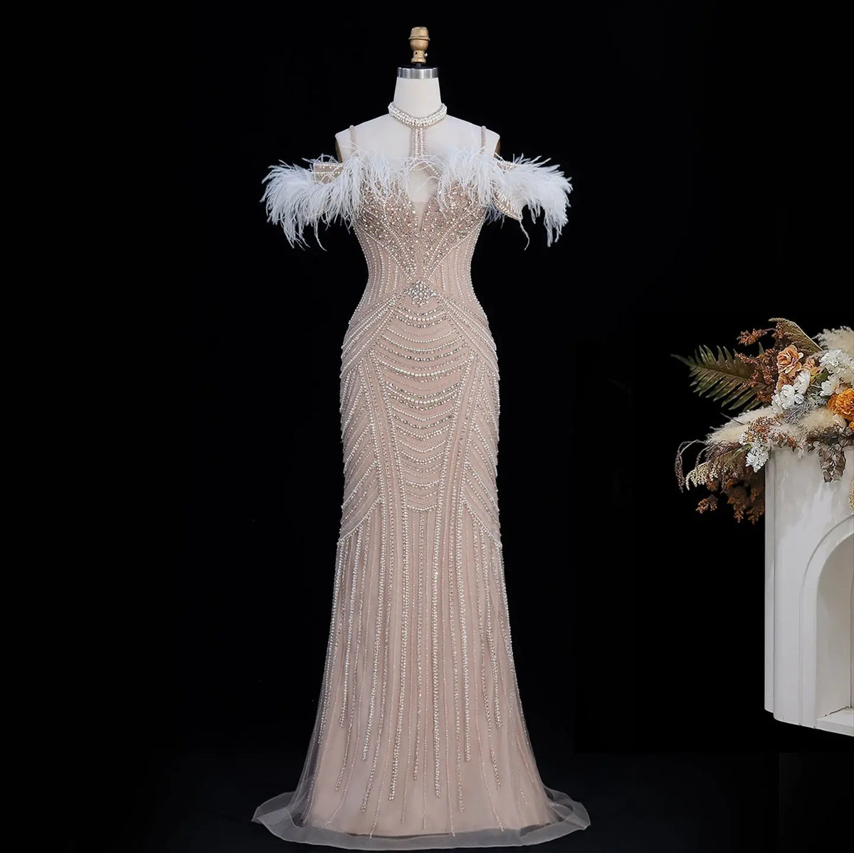 Pink Beaded Feather Mermaid Evening Dress-13
