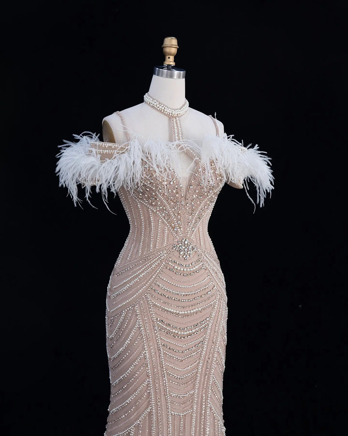 Pink Beaded Feather Mermaid Evening Dress-14
