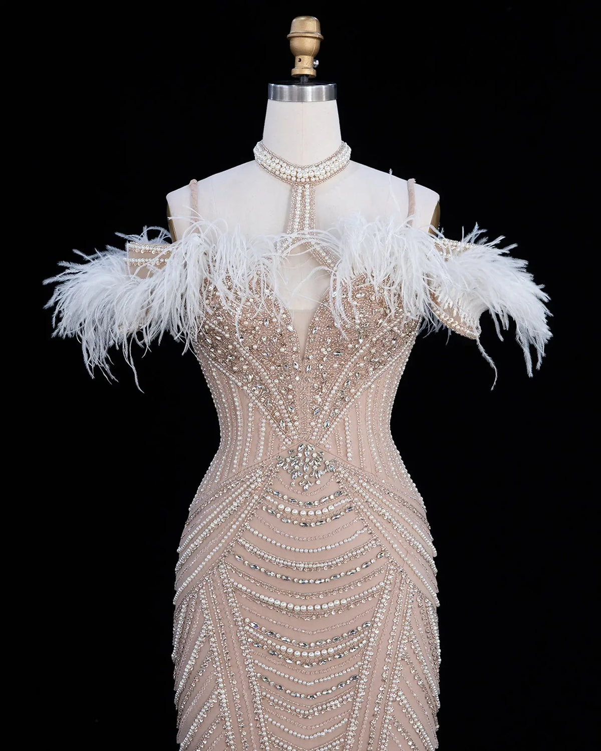 Pink Beaded Feather Mermaid Evening Dress-16