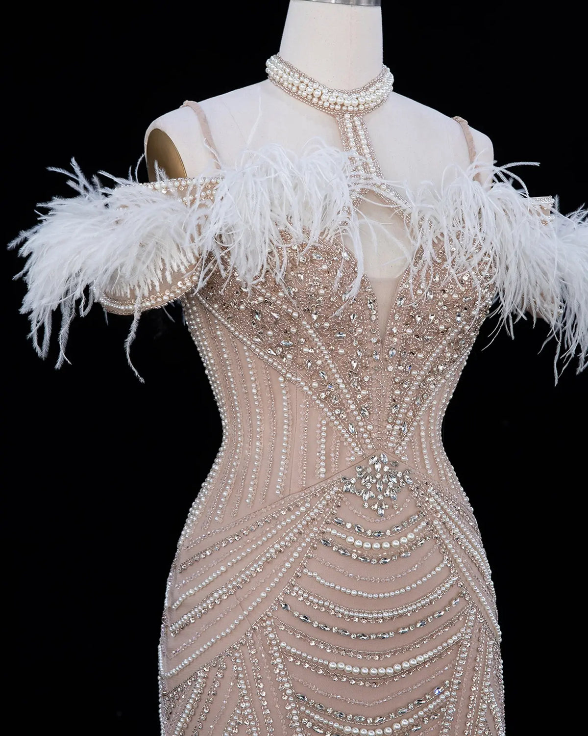 Pink Beaded Feather Mermaid Evening Dress-17