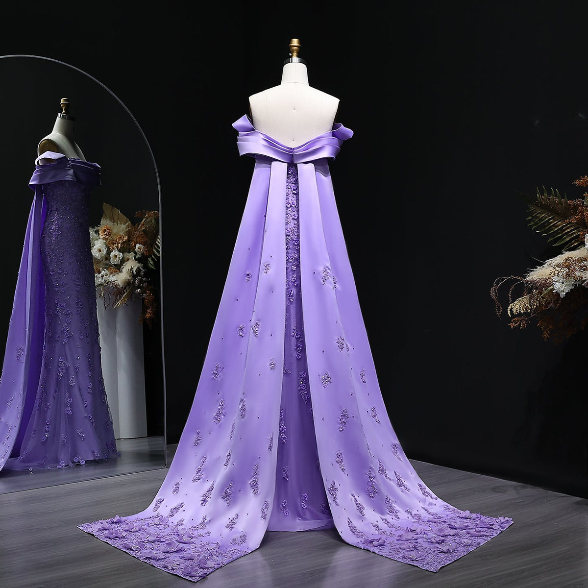 Elegant Crystal Lilac Mermaid Evening Dress with Overskirt SS555