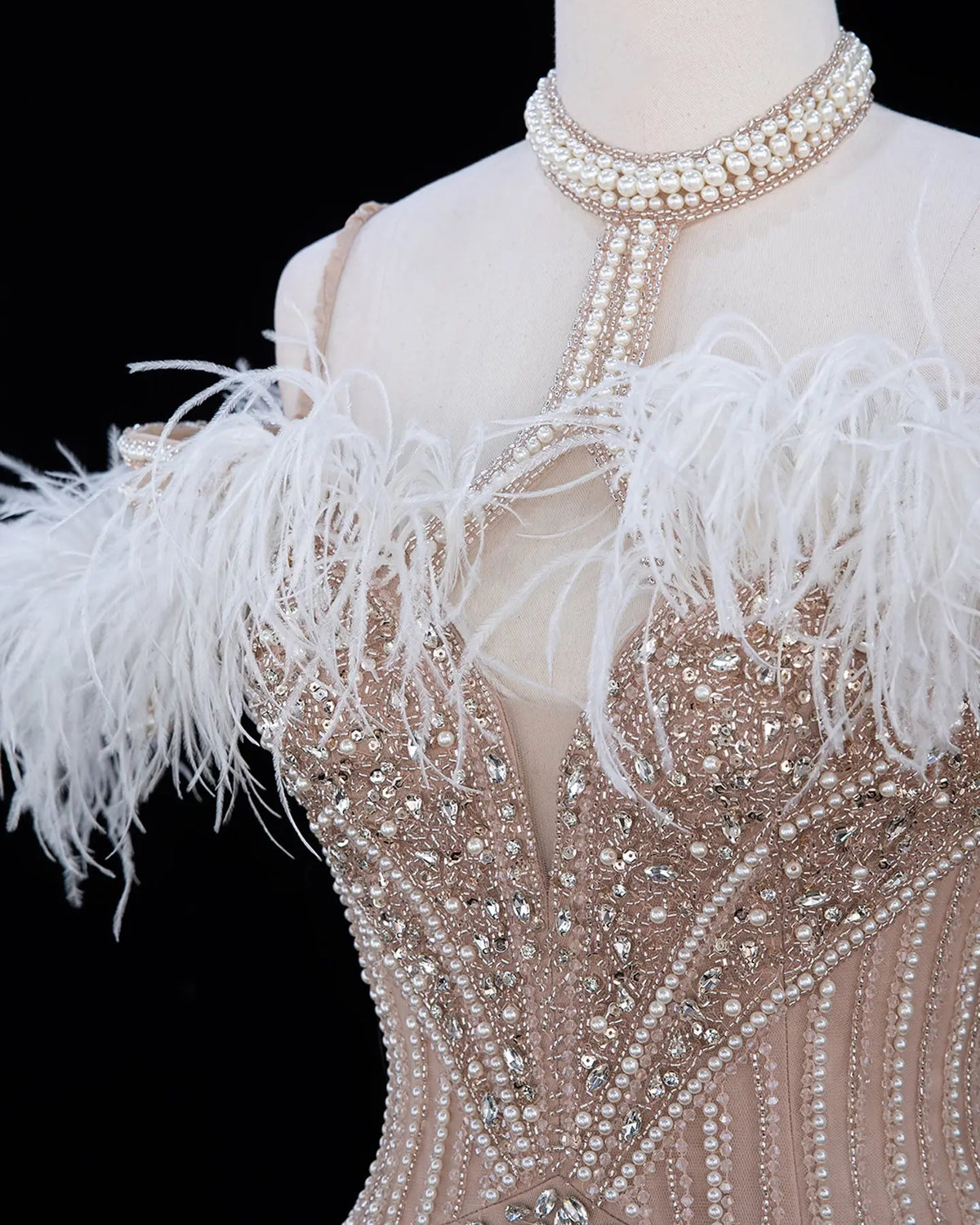 Pink Beaded Feather Mermaid Evening Dress-18