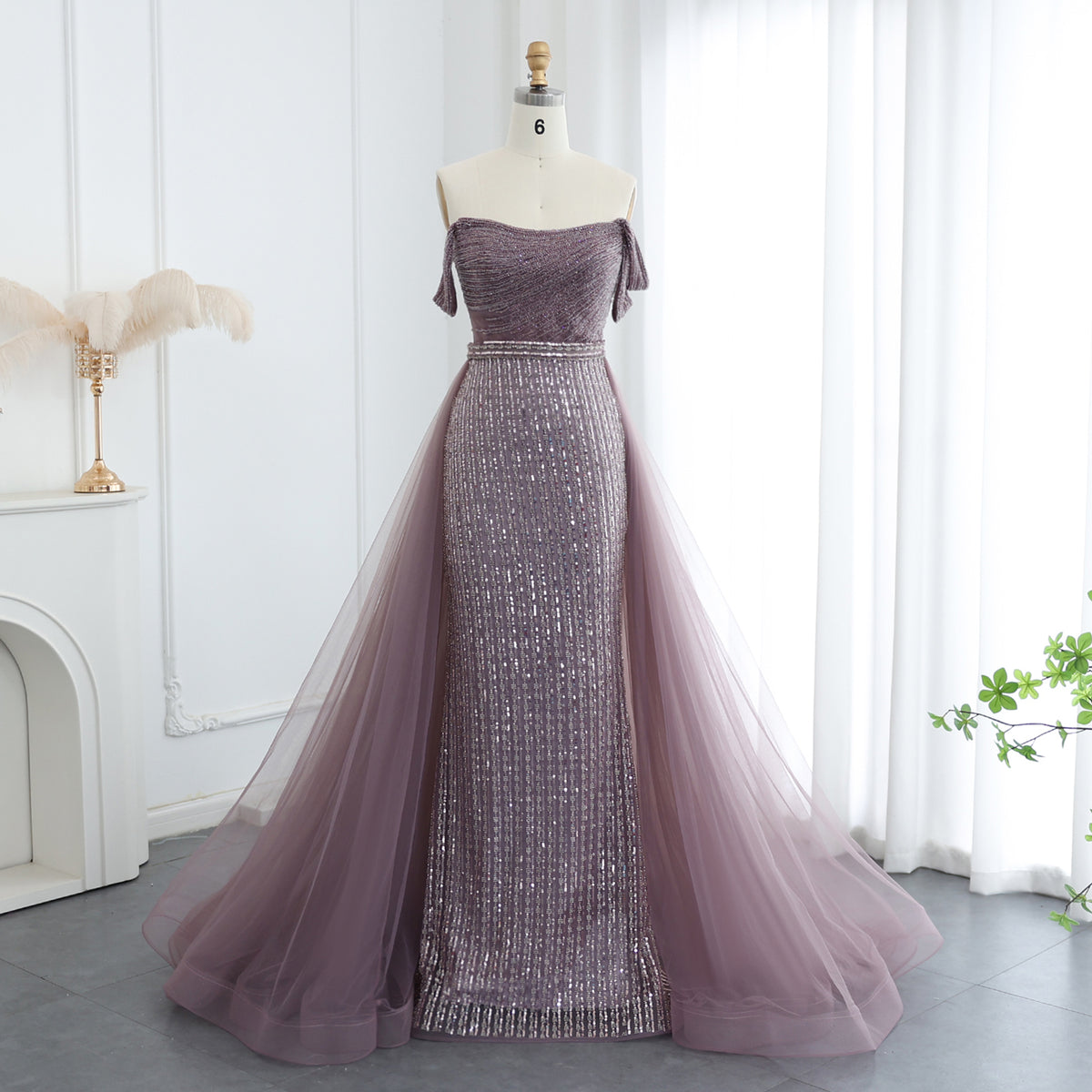 Sharon Said Luxury Beaded Arabic Purple Evening Dresses with Overskirt Off Shoulder Dubai Women Wedding Formal Party Gowns SS137