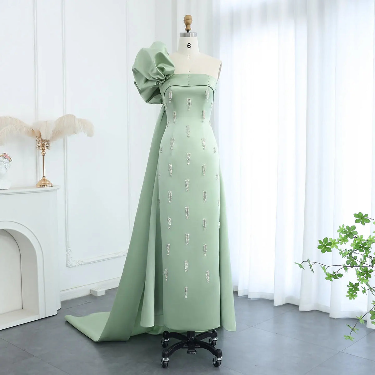 Sage Green One-Shoulder Tassel Evening Dress with Cape SS368 - SHARONSAID Sage Green One-Shoulder Tassel Evening Dress with Cape SS368 - SHARONSAID
