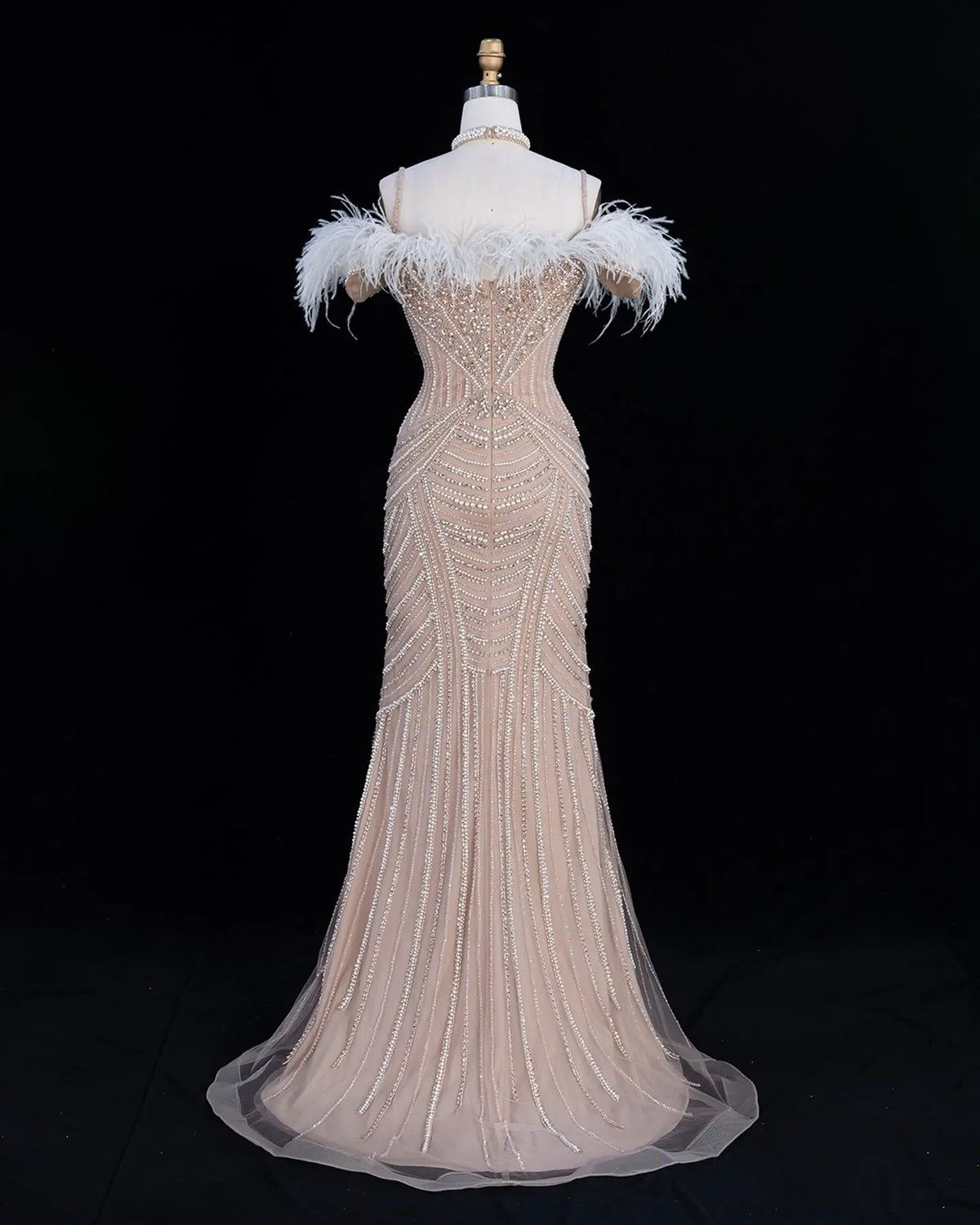 Pink Beaded Feather Mermaid Evening Dress-15