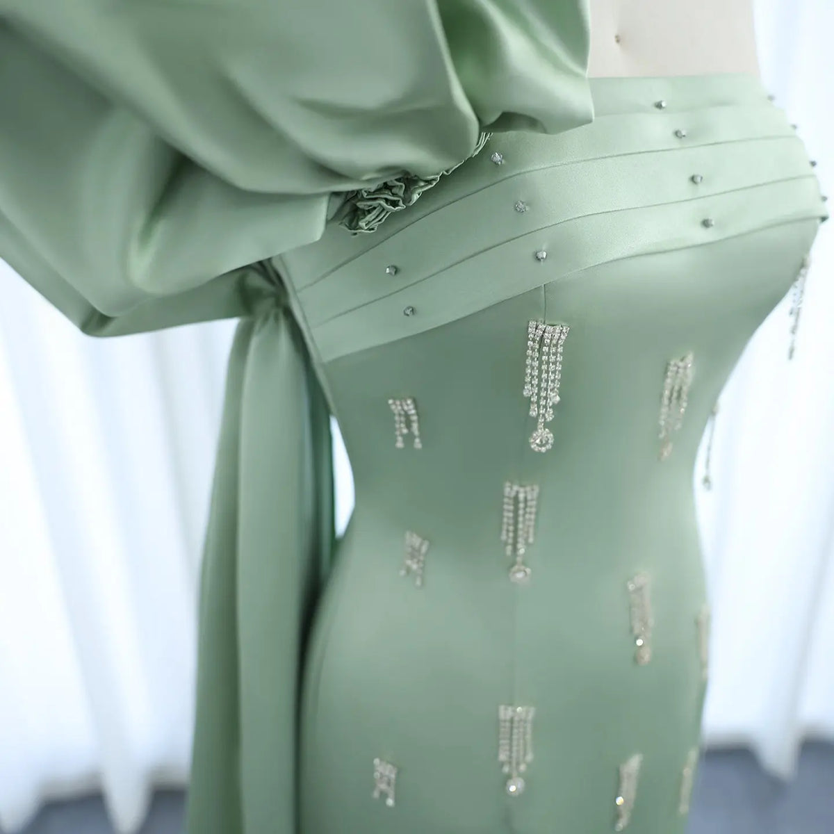 Sage Green One-Shoulder Tassel Evening Dress with Cape SS368 - SHARONSAID Sage Green One-Shoulder Tassel Evening Dress with Cape SS368 - SHARONSAID