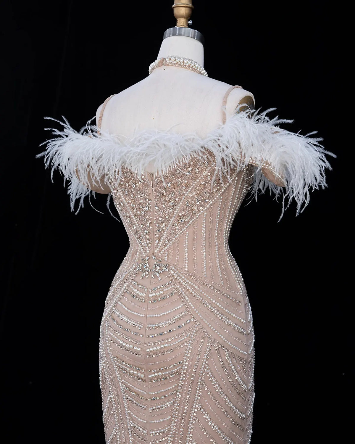 Pink Beaded Feather Mermaid Evening Dress-19