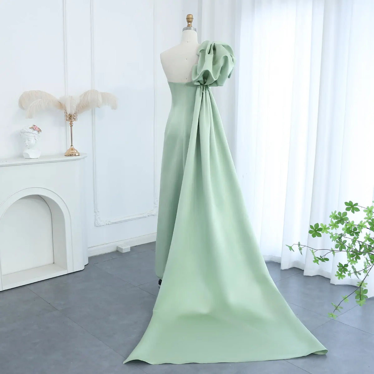 Sage Green One-Shoulder Tassel Evening Dress with Cape SS368 - SHARONSAID Sage Green One-Shoulder Tassel Evening Dress with Cape SS368 - SHARONSAID
