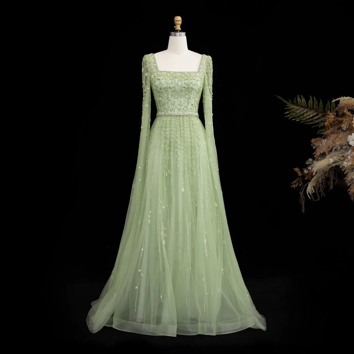 Luxury Square Neck Evening Dress with Cape Sleeves SS494