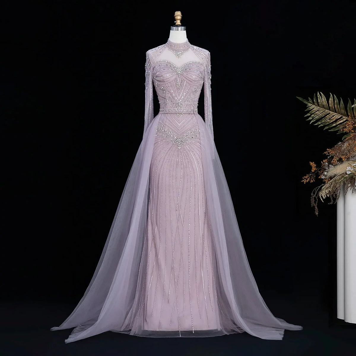 Lilac Beaded Long Sleeve Evening Gown SS171-3