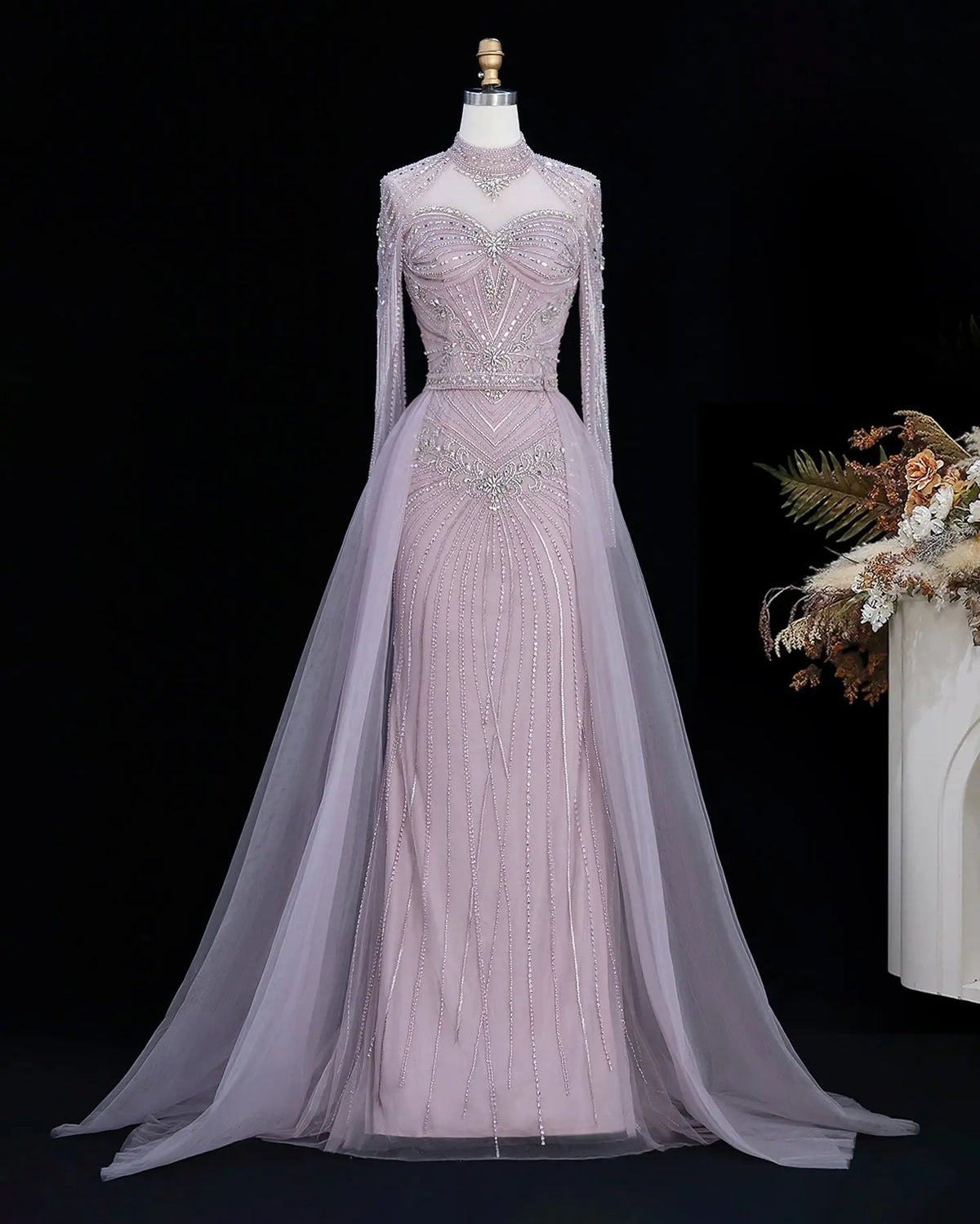 Lilac Beaded Long Sleeve Evening Gown SS171-2