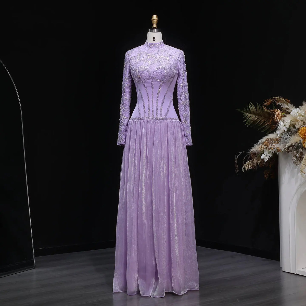 Elegant Lilac High Neck Beaded Long Sleeve Corset Evening Dress SS786